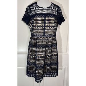 Vince Camuto Lace Crocheted Dress Navy And Tan Women's Size 4 Lined Short sleeve